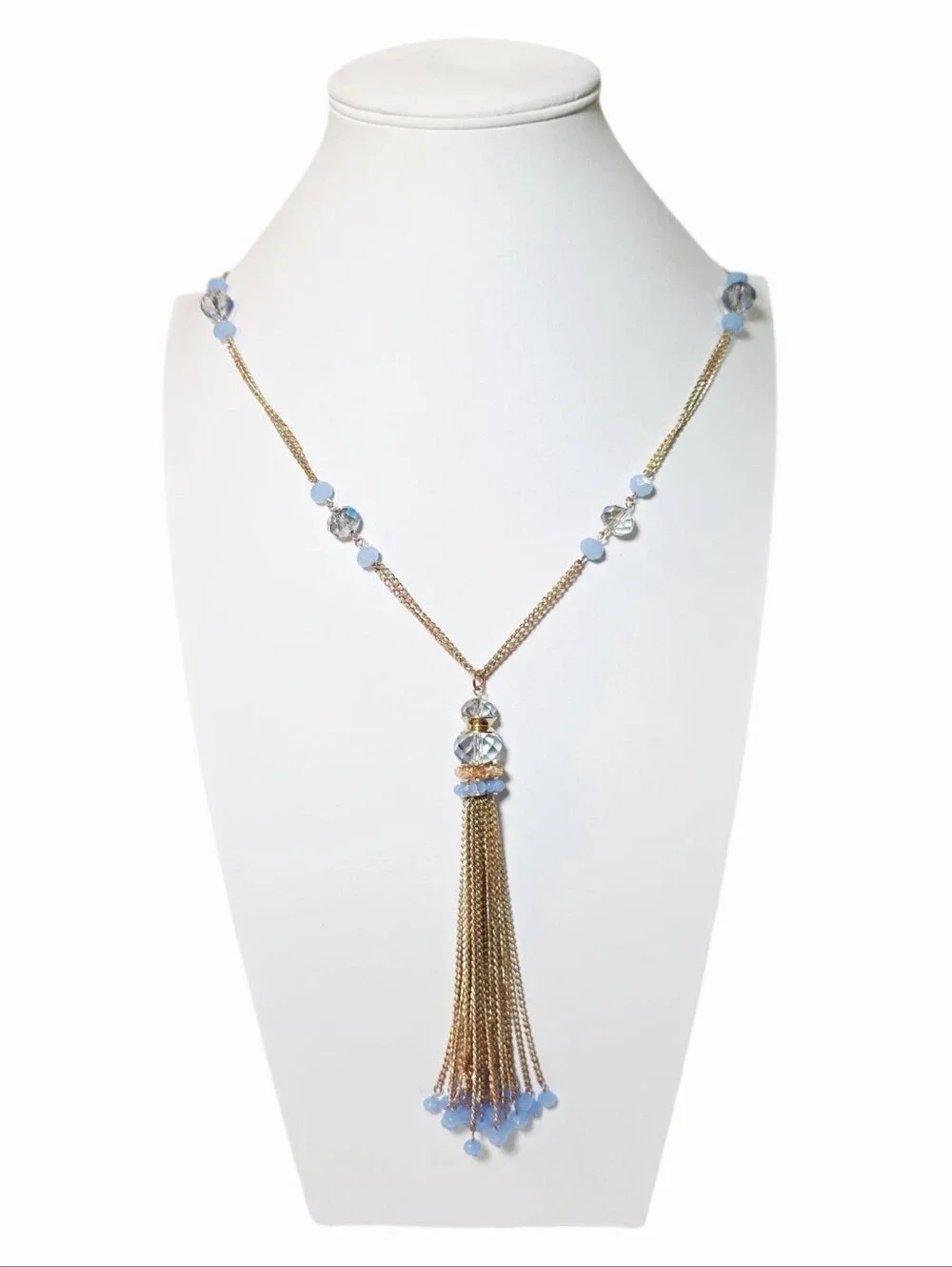 Gold Tassel Pendant Necklace with Periwinkle Blue Beads